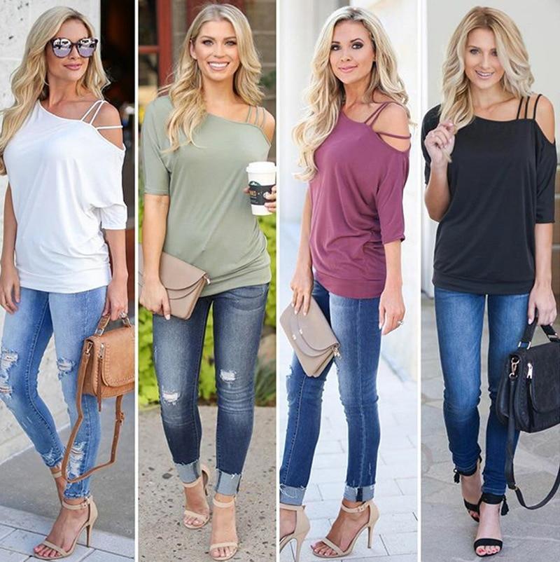 2019 Casual Women One Shoulder Off Sexy Short Sleeve Cotton T-Shirt