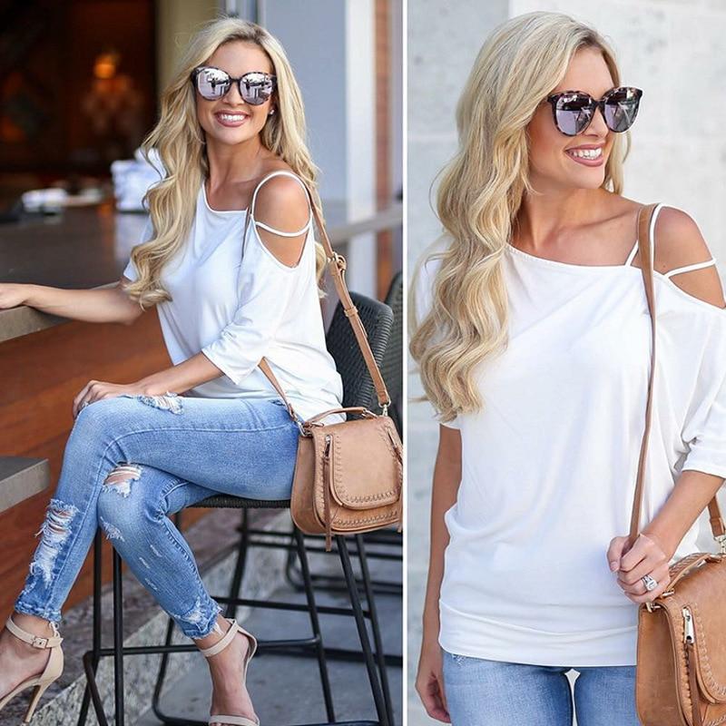 2019 Casual Women One Shoulder Off Sexy Short Sleeve Cotton T-Shirt