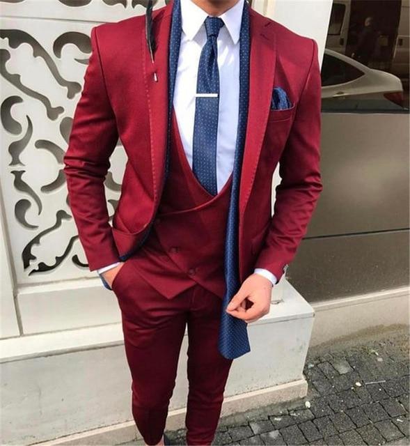 MBCA - Luxurious Handsome Men's Slim Fit Red Wedding 3-pieces Suit