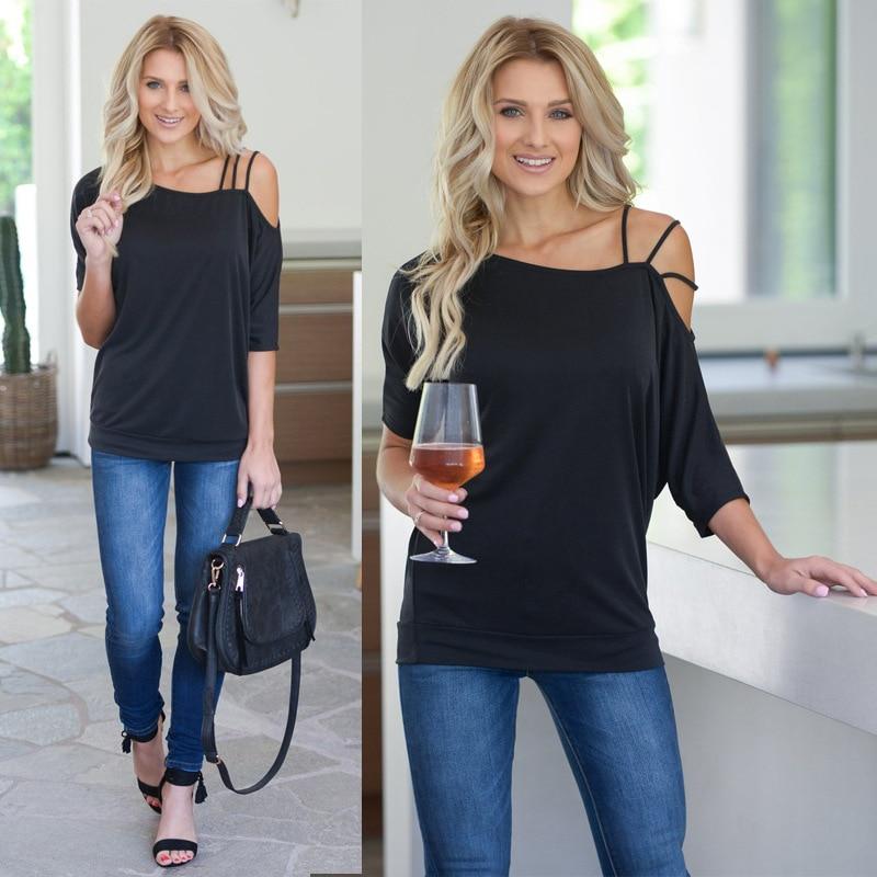2019 Casual Women One Shoulder Off Sexy Short Sleeve Cotton T-Shirt