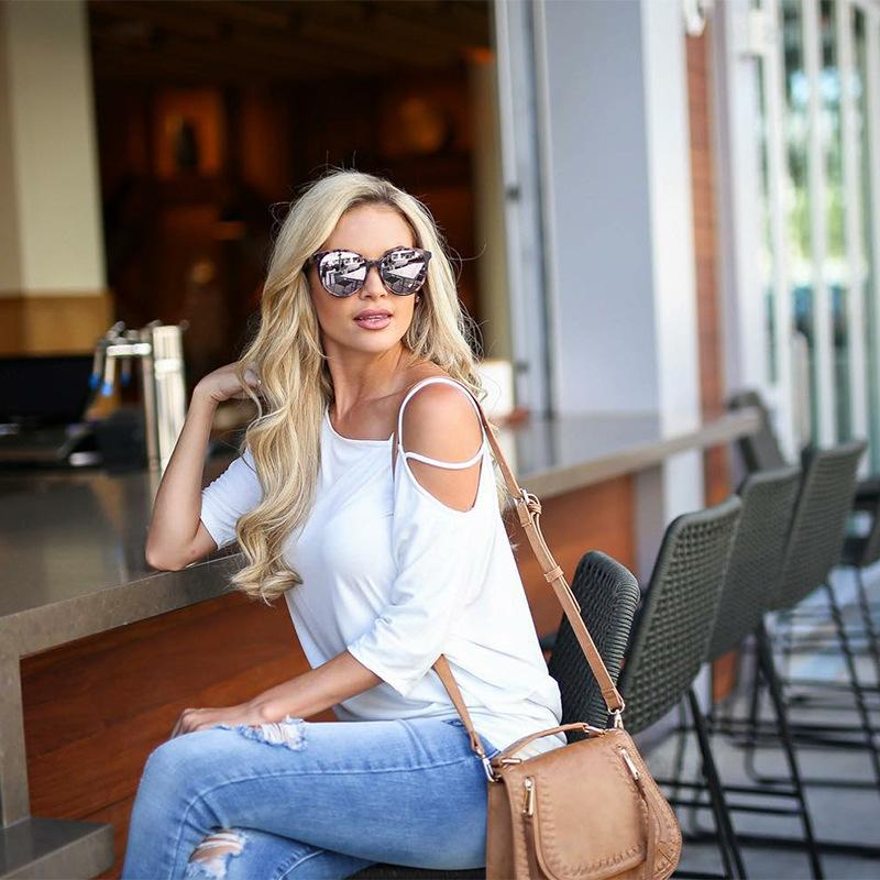 2019 Casual Women One Shoulder Off Sexy Short Sleeve Cotton T-Shirt