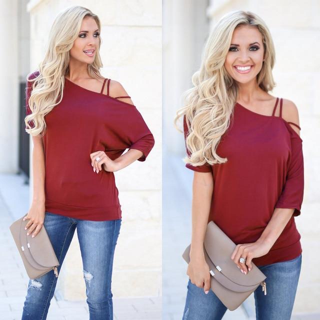 2019 Casual Women One Shoulder Off Sexy Short Sleeve Cotton T-Shirt