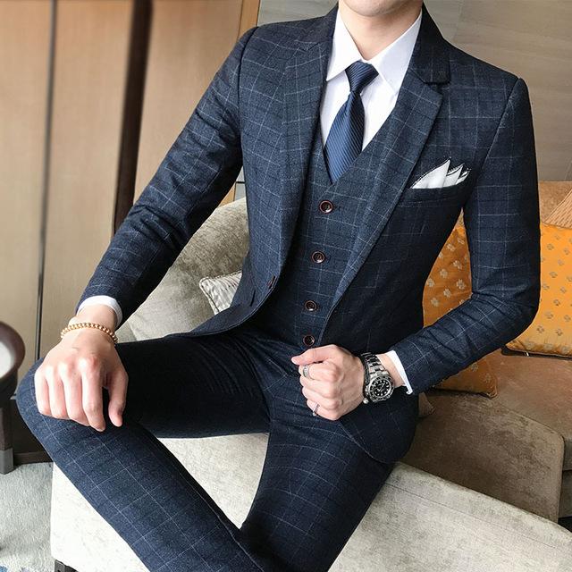 MBCA - Men's Wedding Dress Formal Wear Blue Plaid Slim Suit